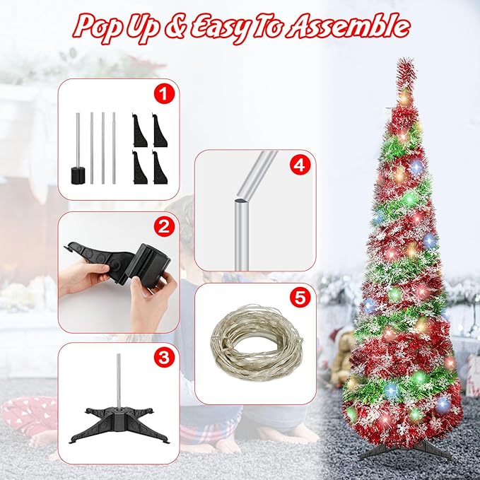5FT Christmas Trees with 90 Lights, Collapsible Artificial Sequin Pop Up Christmas Tree, Tinsel Slim Pencil Christmas Tree for Home Holiday Fireplace Party Indoor Outdoor Xmas Decorations