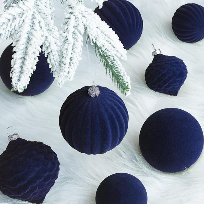 KI Store Velvet Christmas Balls Blue 25pcs Flocked Christmas Tree Ornaments Assortment for Xmas Tree Holiday Decor