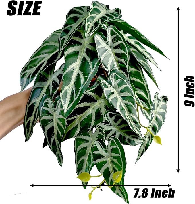 Woyrise Reptile Plants, Terrarium Hanging Plant Vines, Artificial Leaves with Suction Cup, Bearded Dragon Tank Accessories for Gecko Lizard Snake Frog Tortoise Decorations - Alocasia Velvet