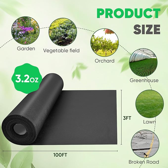 Non-Woven Thick Weed Barrier Fabric 3 FTx100 FT, 3.2oz Heavy Duty Weed Barrier Landscape Fabric, Ground Cover for Superior Weed Control, Easy Setup for Gardens, Landscaping, Flower Beds (Green)