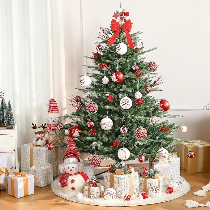 SHareconn 100MM/4 Inch 9PCS Large Christmas Balls Ornaments, Shatterproof Plastic Hanging Big Baubles Set for Xmas Tree Decoration Holiday Party Wedding Decorations with Hook,Red and White