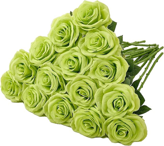15pcs Green Fake Roses Artificial Silk Flowers Faux Rose Flower Long Stems Bouquet for Arrangement Wedding Centerpiece Party Home Kitchen Decor