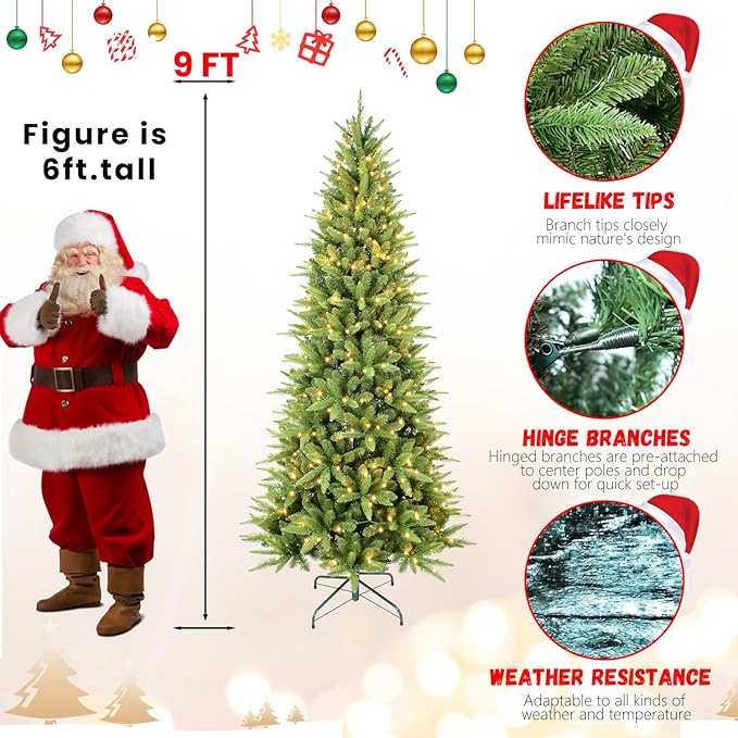 9ft Skinny Christmas Tree with 650 Warm White Lights, Premium Pre Lit Slim Artifical Christmas Tree with 2152 Branch Tips, Memory Wire Hinge Narrow Xmas Trees with Foldable Metal Stand for Holiday
