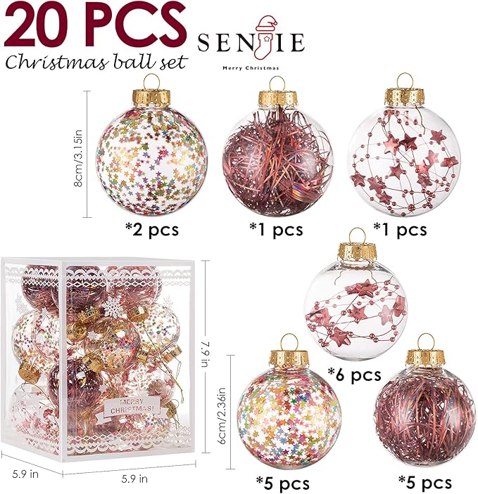 Christmas Ornaments Ball Set-Shatterproof Clear Plastic Decorative Baubles for Xmas Tree House Holiday Wedding Party Decoration,20cs Rose Gold