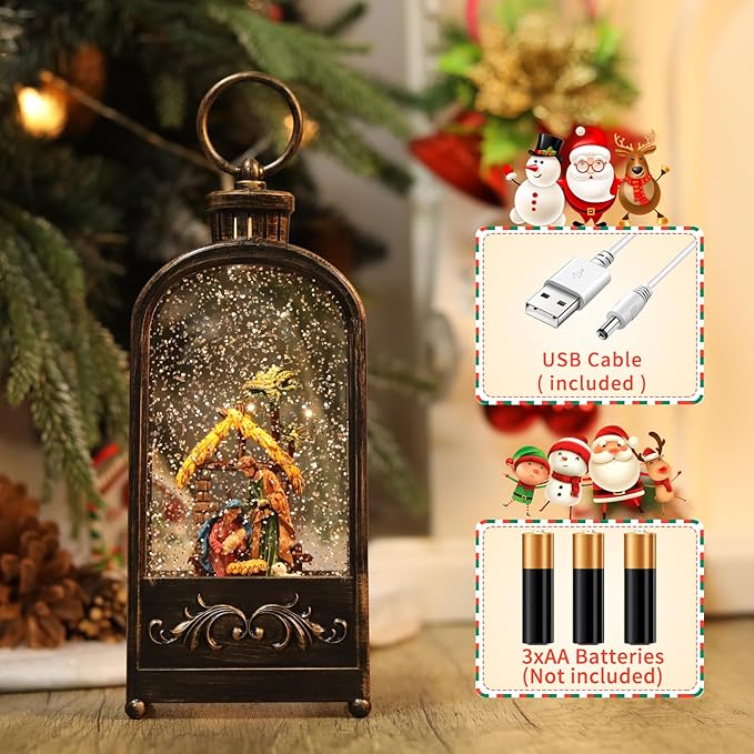 Nativity Scene Snow Globe Christmas Decorations Lantern, Glittering Lighted Plug-in, 3 AA Battery Operated & USB Powered, Nativity Scene Snow Globe Lantern for Christmas Home Decoration and Gift