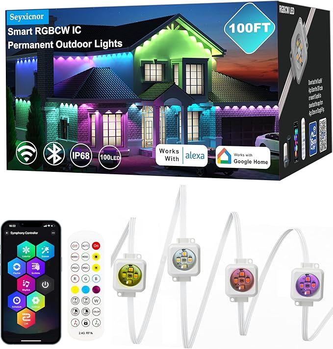 100ft Permanent Outdoor Smart Lights Pro with 60 RGBCW+IC LEDs & WiFi/Alexa Control, IP68 Waterproof Christmas Lights Outdoor Year-Round Lighting 108 Scene Modes for Daily, Halloween Décor