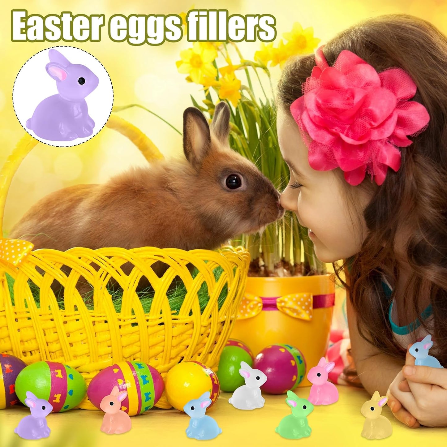 50 PCS Luminous Mini Resin Bunny Tiny Plastic Rabbits Glow in the Dark Miniature Bunnies Figurines for Easter Egg Fillers Fairy Garden Miniature Moss Landscape Decoration (7 Colors Tiny Bunny)