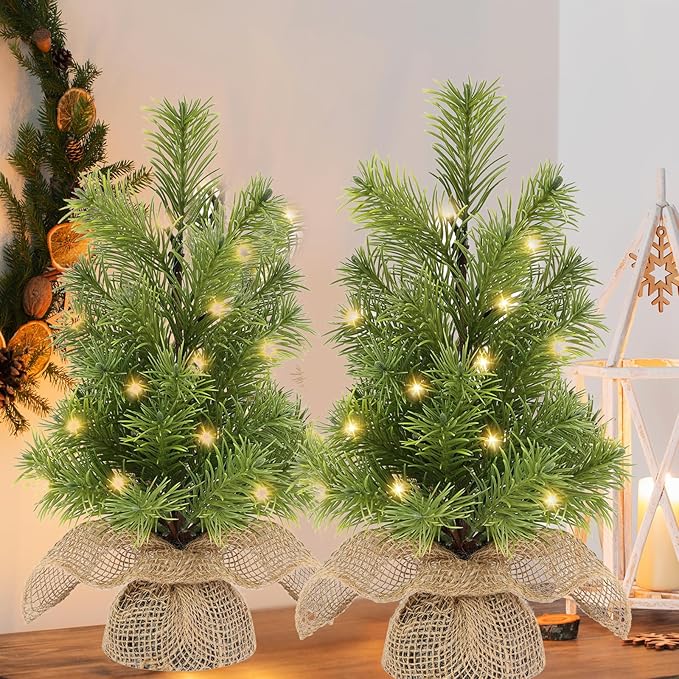 13 Inch Mini Christmas Tree with Lights, 2 Pack Prelit Tiny Xmas Trees,Battery Operated with Timer for Tabletop Desk Indoor Fireplace Office