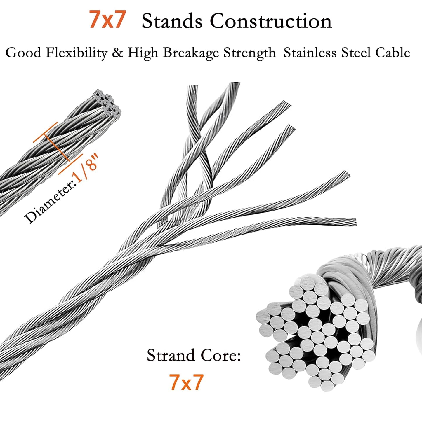 1/8 Inch Stainless Steel Wire Rope Kit, 7x7 Strands, 165 ft Length, With Cable Cutters, Sleeves, Thimbles, Clips, For Climbing Plants, Deck Railing, Fencing, Outdoor Hanging