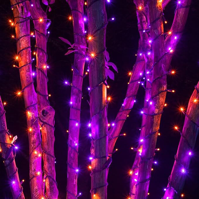 Dazzle Bright Halloween String Lights, 66FT 200 LED Connectable Black Wire 8 Modes String Lights, Waterproof Christmas Decorations for Indoor Outdoor Patio Party Holiday, Purple & Orange