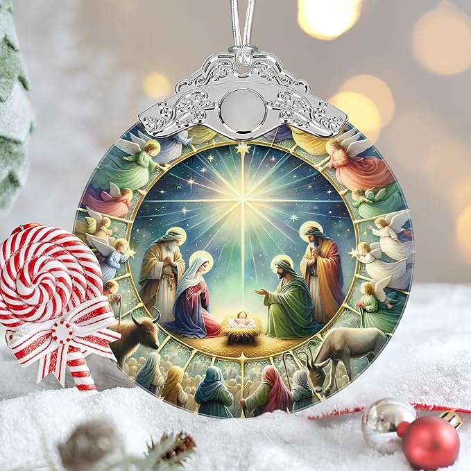 Nativity Christmas Ornament, 3" Stained Glass Christmas Decor, Nativity Ornaments for Christmas Tree, Christian Gifts for Kids, Religious Gifts for Women, Perfect for Holiday Party, Window, Tree