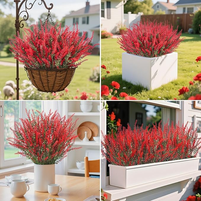 Ouddy Decor 12 Bundles Artificial Lavender Fake Flowers Faux Plastic Plants for Home Wedding Kitchen Garden Patio Window Box Office Table Centerpieces Indoor Outdoor Decor, Red