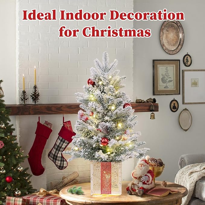 Brightever 2FT Small Christmas Tree, Prelit Mini Christmas Tree with 50 Multi-Color LED Lights, Gold Gift Box Base, Battery Operated Little Xmas Tree for Table Top, Pinecone & Berries Included, Green