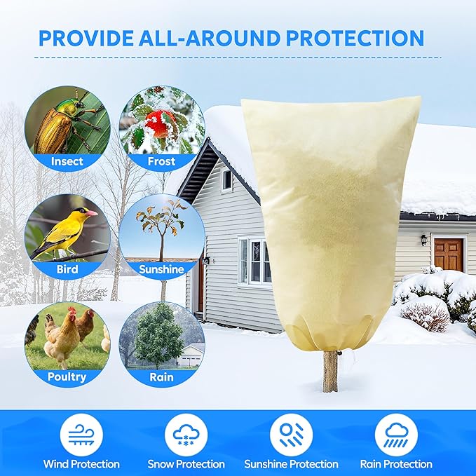 MIXC Plant Covers Freeze Protection, 31.4''×39.3'' Winter Cold Weather Frost Blankets Shrub Jacket with Drawstring Reusable Frost Protection Cloth for Outdoor Plants Fruit Tree Potted (4 Pack)