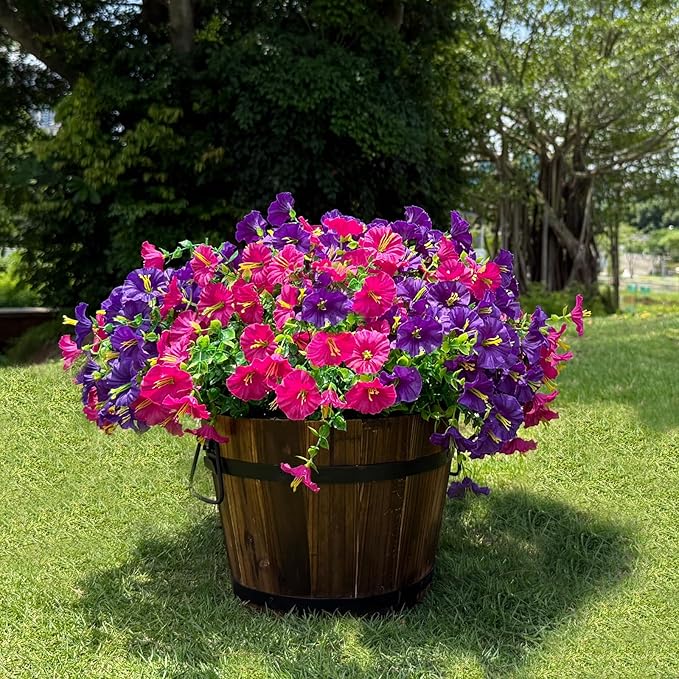 10 Bundles Artificial Flowers for Outdoor,UV Resistant Fake Petunia Flowers,Faux Plants for Outside Hanging Planters,Artificial Plants for Indoor Porch Garden Home Wedding Decor(Fuchsia,Purple)