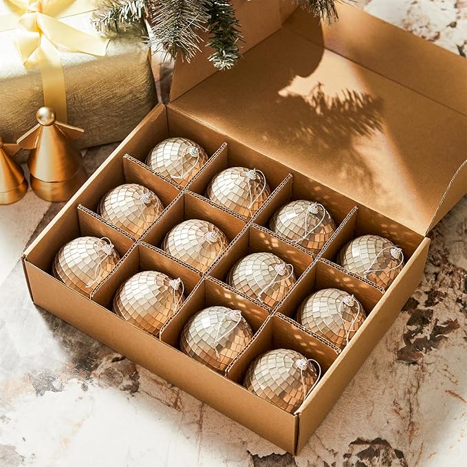 12 PCS Disco Balls Ornaments, Small Disco Balls Party Decorations, 3.15in Brown and Grey Glass Hanging Decor for Home Birthday Decoration KTV Party Decor Fall Decor Xmas Tree