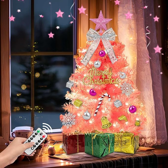 Dual Color Change&Remote Control-24 Inch/2FT Pink Small Christmas Tree with Lights Timer,Warm White&Colored Changing Lights Orantments Gift Boxes 8 Modes Mini Tabletop Christmas Tree Indoor Home Decor