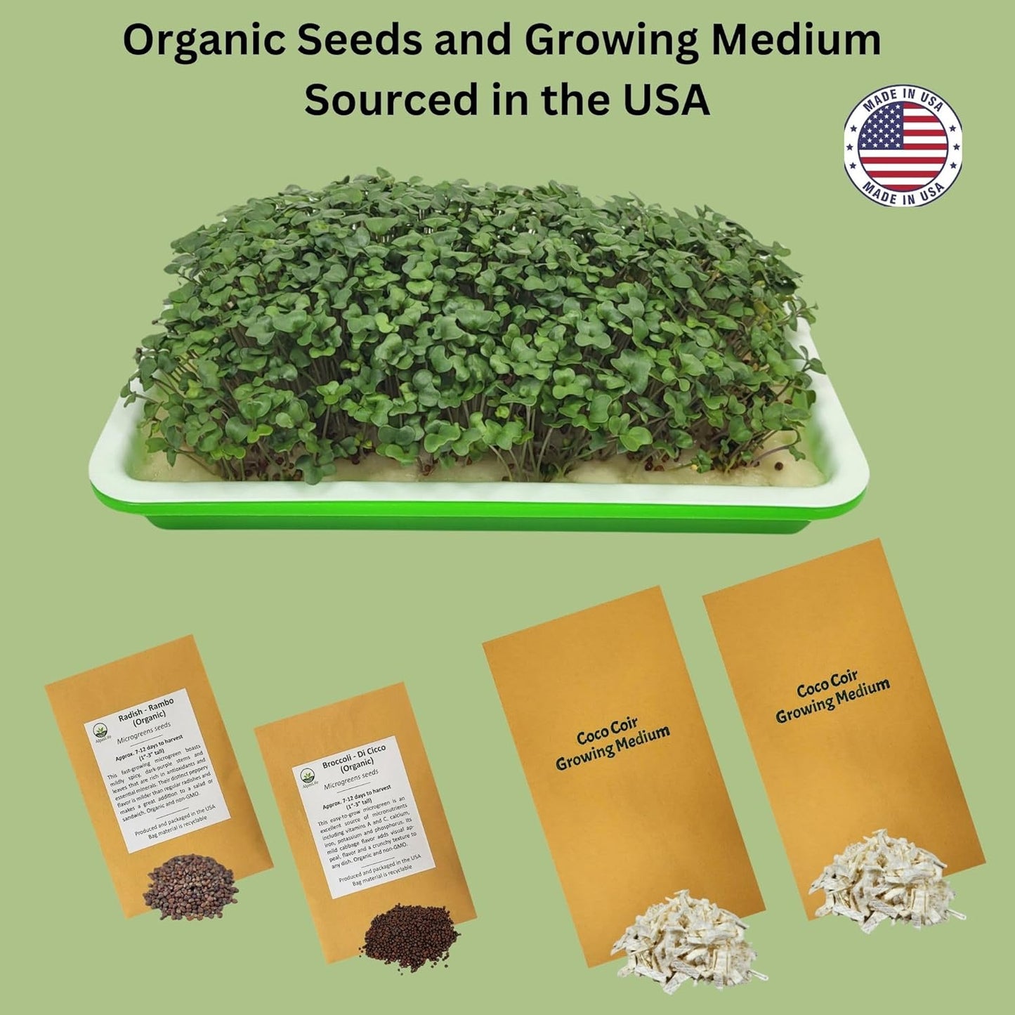 Complete Home Microgreens Kit - Indoor Garden System - Includes 2 Sets of Reusable Trays, Spray Mister, 2 pkgs of Hydroponic Growing Medium, Organic Radish and Broccoli Seeds