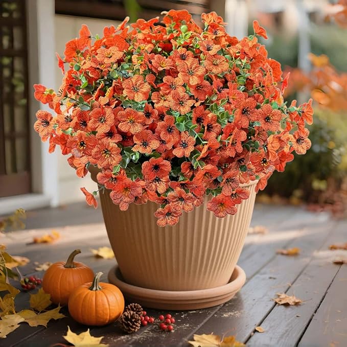 Artificial Flowers for Outdoor UV Resistant Fake Plants, 12 Bundles Fake Mums Silk Daisy in Pots for Porch Patio Garden, Faux Potted Home Decor for Outside (Orange)