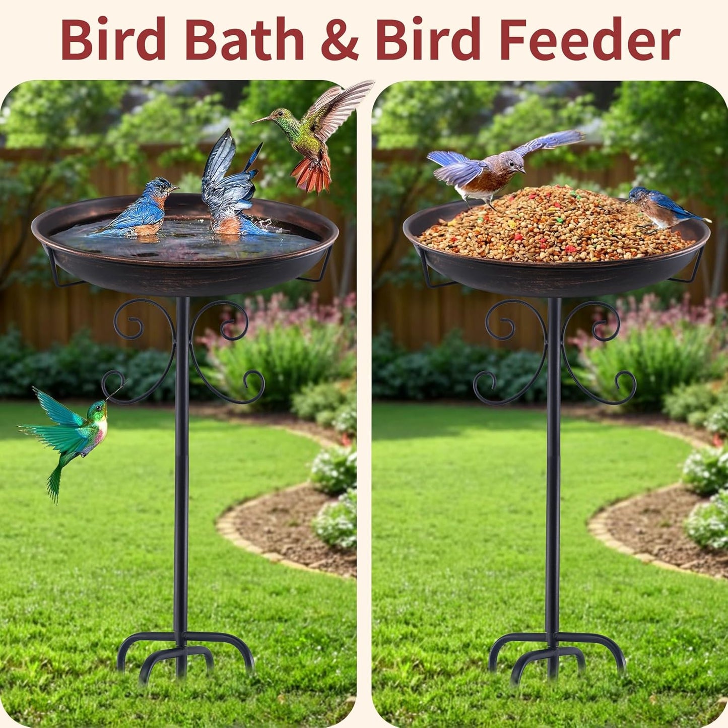 35In Metal Bird Bath for Outside, Garden Bird Bath with 5-Pronged Base, Vintage Freestanding Birdbath and Birdfeeder for Outdoor, Baths Feeder Bowl for Outdoors Garden Patio Yard Lawn Decor