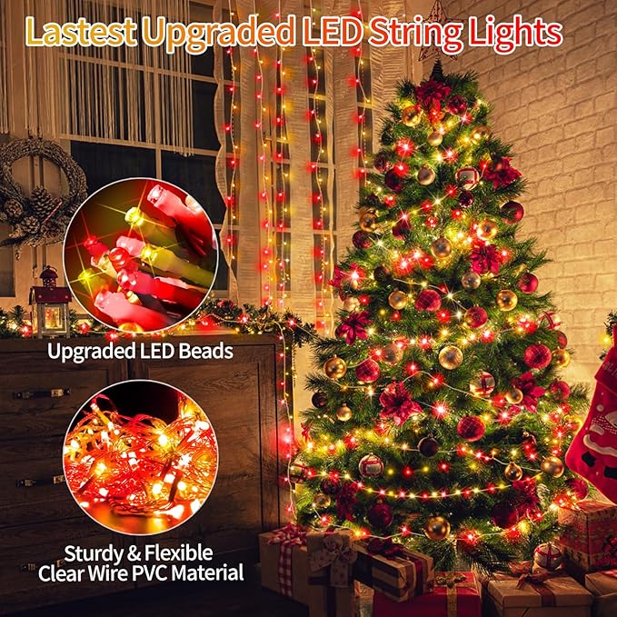 403 FT 1000 LED Christmas Lights Outdoor Decorations Super Long Fairy String Lights Waterproof 8 Modes Timer Clear Wire for Outside House Tree Patio Yard Wedding Party Holiday-Warm White & Red