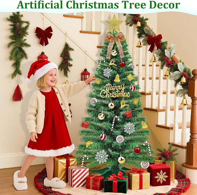 [ 71 Ornaments ] 4 Ft Artificial Christmas Tree with 100 Warm White Light 3D Star Merry Christmas Sign Ball Bow Deer Snowflake Gift Box Timer Battery Operated Xmas Tree for Indoor Home Decoration
