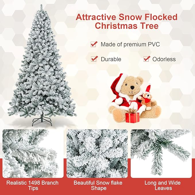 COSTWAY 9 FT Snow Flocked Christmas Tree, Artificial Holiday Hinged Pine Tree with 1498 Branch Tips, Solid Metal Stand, Premium Xmas Full Fake Tree for Home, Office, Party Decoration