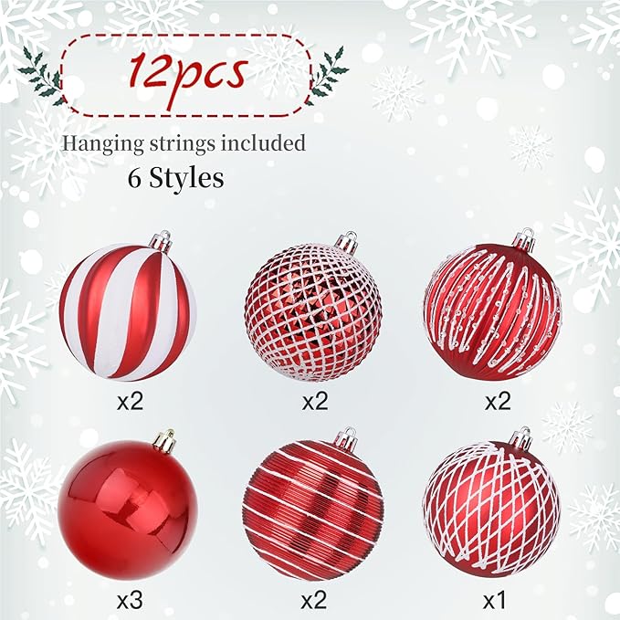 SHareconn 80mm Christmas Balls Ornaments,12PCS Colored Shatterproof Plastic Decorative Hanging Tree Decorations Baubles Set for Xmas Tree Decor Holiday Party Wedding Decoration with Lanyard, Red&White