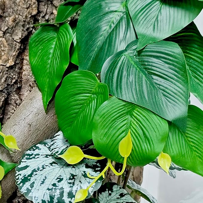 Woyrise Reptile Plants, Terrarium Hanging Plant Vines, Artificial Leaves with Suction Cup, Bearded Dragon Tank Accessories for Gecko Lizard Snake Frog Tortoise Decorations - Epipremnum aureum