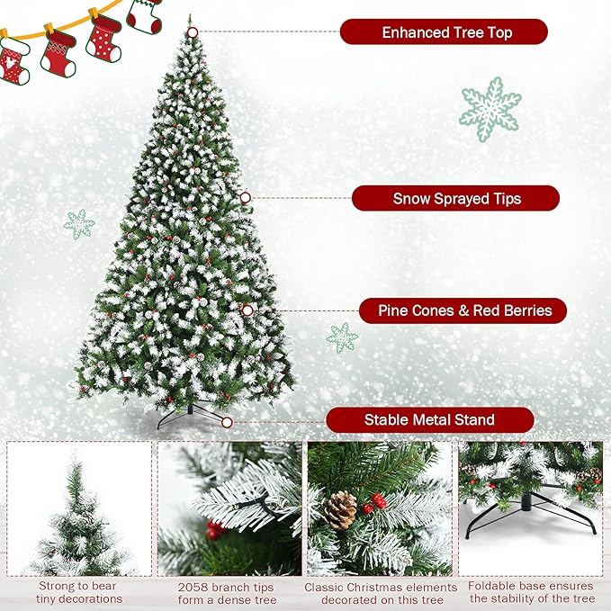 Happygrill 9ft Pre-lit Snowy Christmas Tree Pre-Strung Xmas Decoration Tree with 900 Warm White LED Lights & 2058 PVC Tips, 8 Lighting Modes, Hinged Artificial Tree for Residential Commercial Use