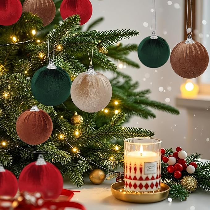 Woration 15pcs Velvet Christmas Ornaments Balls 2.35" Christmas Tree Decorations Ball Set Shatterproof Hanging Xmas Ornaments Baubles (Red/Green/Brown/Coffee/Champagne)