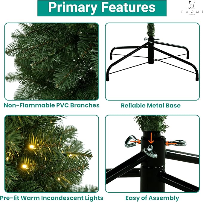 Natalie 6ft Pre-Lit Spruce Artificial Christmas Tree –Hinged PVC Branches, 798 Tips, 250 Warm White Lights, Sturdy for Ornaments, Holiday Décor w/Stable Base