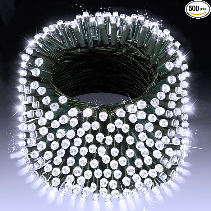 XURISEN Christmas Lights Outdoor 197FT 500 LED Green Wire String Lights 8 Modes with Timer Memory Waterproof Fairy Light Plug in for Xmas Tree Wedding Yard Party Holiday Decorations(Cool White)