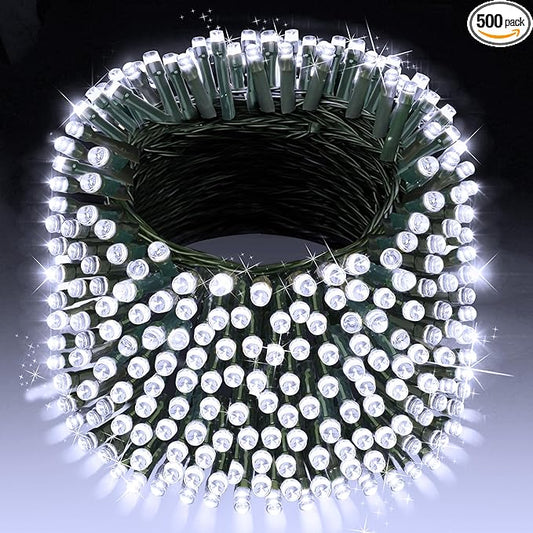 XURISEN Christmas Lights Outdoor 197FT 500 LED Green Wire String Lights 8 Modes with Timer Memory Waterproof Fairy Light Plug in for Xmas Tree Wedding Yard Party Holiday Decorations(Cool White)