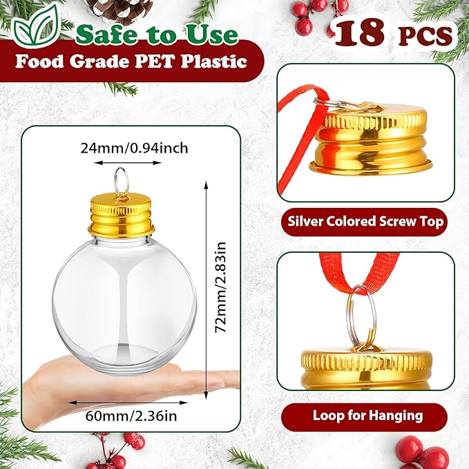 Patelai 18 Pcs Christmas Drink Balls Clear Shot Glass Ornaments Xmas Tree Fillable Ornaments Plastic Xmas Water Bottle Bulbs for Holiday Party Decorations(Round,100 ml)