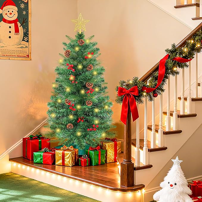 3 Ft Green Christmas Tree with Lights, Timer 8 Modes DIY 50 Warm White Lights Battery Operated Small Artifical Full Xmas Tree Pine Needles Cones Red Berry for Tabletop Home Indoor Holiday Party Decor