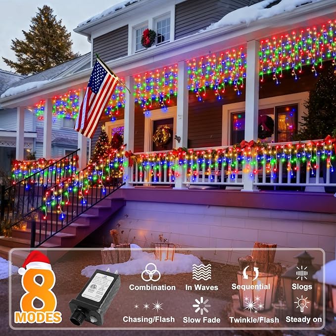 KNONEW Christmas Lights Outdoor Decorations 400 LED 33ft 8 Modes Curtain Fairy String Light with 75 Drops, Clear Wire LED String Light for Wedding Party Holiday Christmas Decorations Multicolor