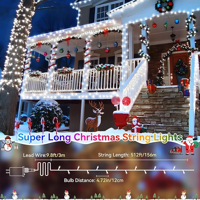 Heceltt Christmas Lights Outdoor, 522FT 1300 LED String Lights with 8 Lighting Modes, Timer Memory Function Twinkle Fairy Lights Waterproof Plug in for Xmas Tree Wedding Party Holiday Decor(White)