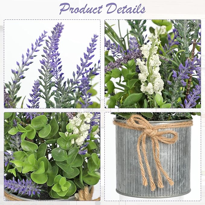 DILATATA Rustic Lavender Flowers Artificial Lavender Decor Fake Lavender Plant in Metal Pot Faux Plants in Pots for Home Bathroom Table Centerpieces Wedding Decor Potted Lavender Flower Purple Decor