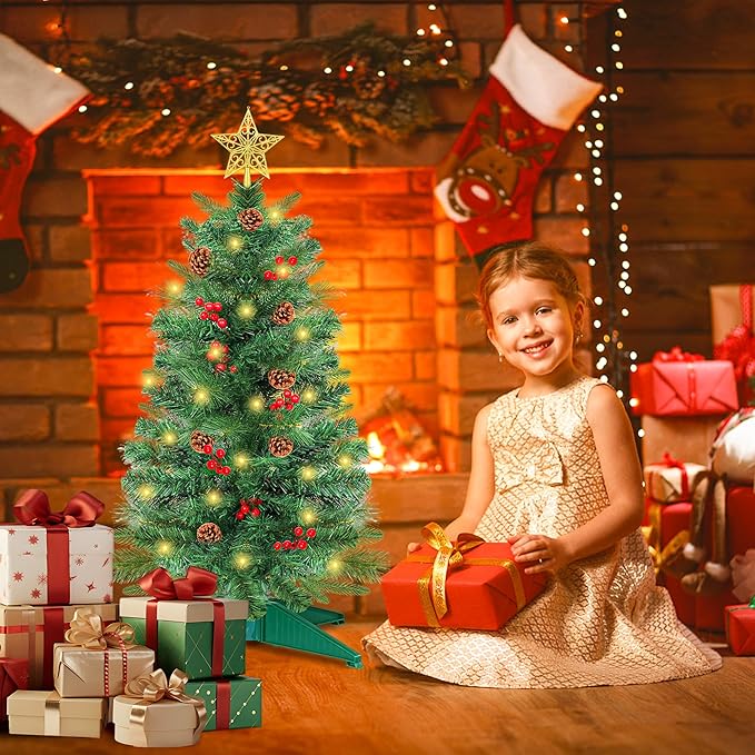 3 Ft Green Christmas Tree with Lights, Timer 8 Modes DIY 50 Warm White Lights Battery Operated Small Artifical Full Xmas Tree Pine Needles Cones Red Berry for Tabletop Home Indoor Holiday Party Decor