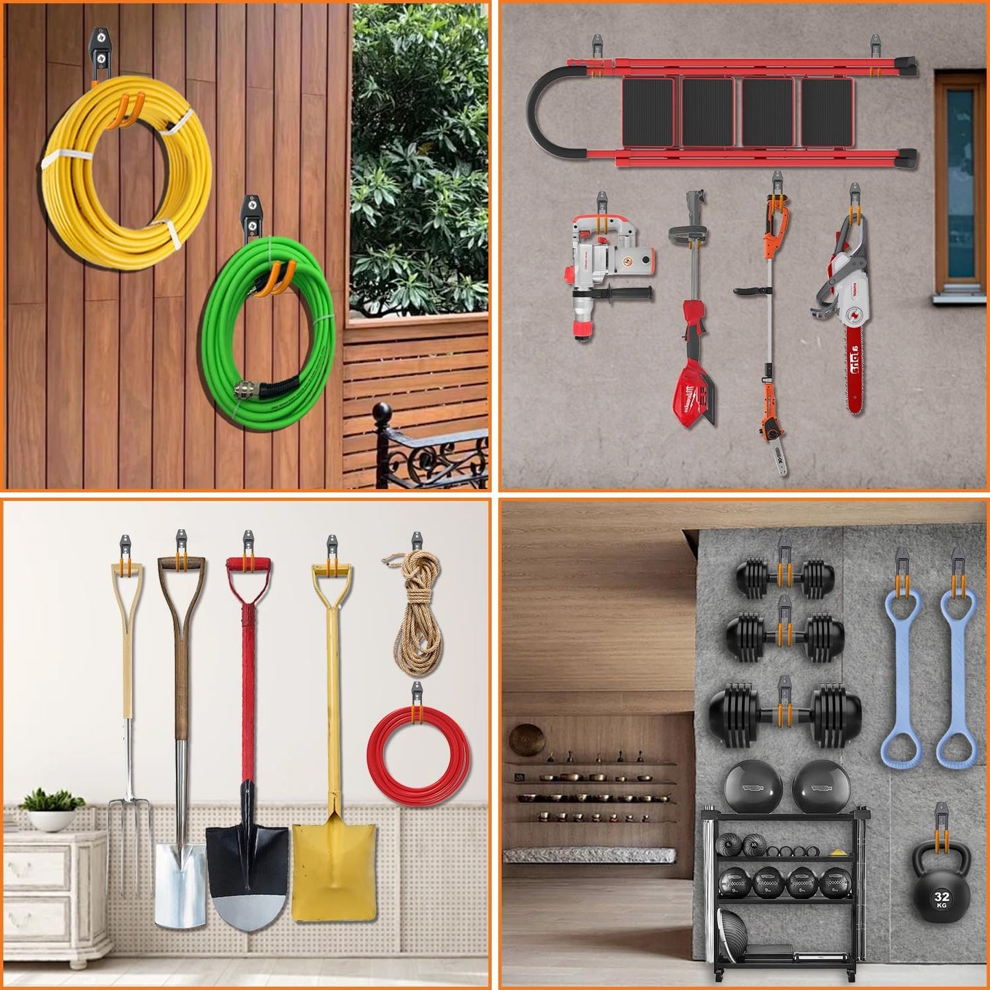 3-H Garden Hose Holder Wall Mount 4 Pack,Solid Steel Hose Hanger,Water Hose Holders for Outside,Perfect for Hanging Outdoor Air Hose,Ropes,Pipes,Garden Tools,Ladders,Bikes,Bulk Items(Orange)