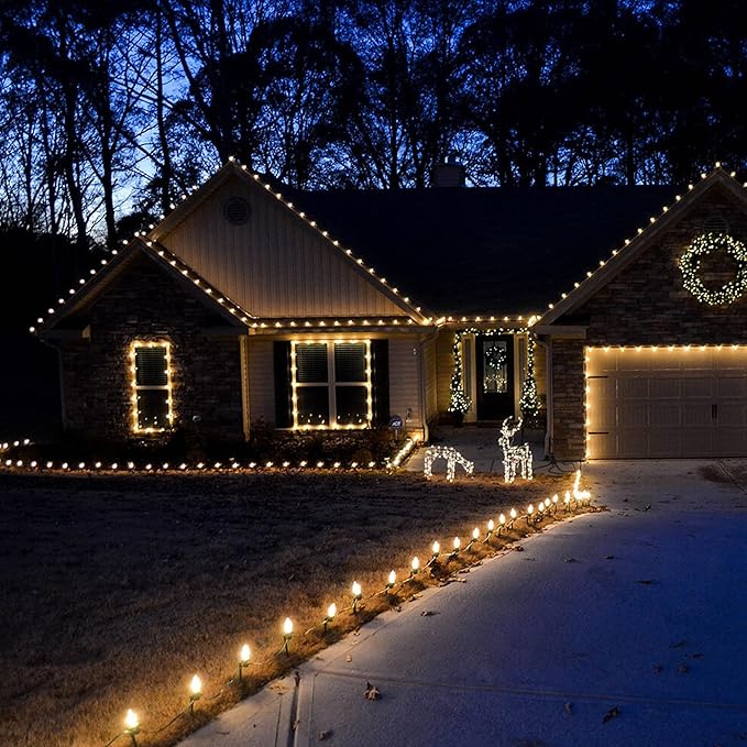 Dazzle Bright C9 Christmas Lights Outdoor, 50 LED 33ft Waterproof Green Wire String Lights, Indoor Outdoor Fairy Lights for Christmas Tree Xmas Yard Party Wedding House Decorations (Warm White)