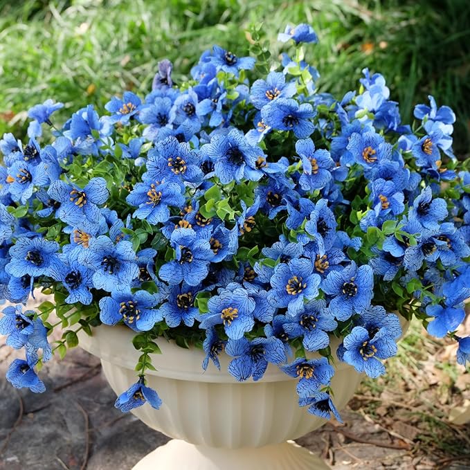 Artificial Faux Plants Flowers for Outdoor Outside Summer Decoration,16 Bundles UV Resistant Realistic Blue Plastic Fake Silk Daisy for Indoor Outside Greenery Boxwood Garden Home Planter Porch Patio
