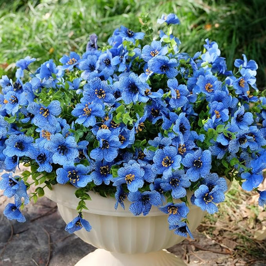 Artificial Faux Plants Flowers for Outdoor Outside Summer Decoration,16 Bundles UV Resistant Realistic Blue Plastic Fake Silk Daisy for Indoor Outside Greenery Boxwood Garden Home Planter Porch Patio