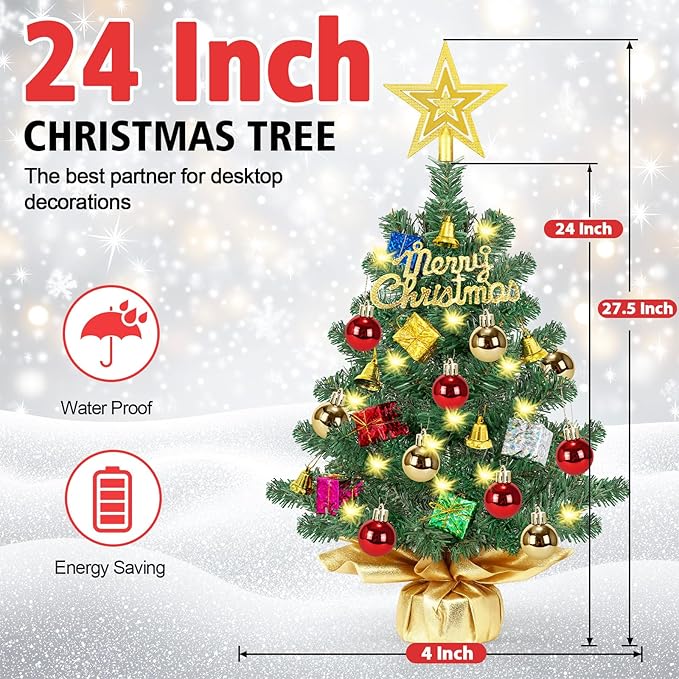 [ Timer & 8 Modes] 24 Inch Realistic Tabletop Christmas Tree with 50 Warm White Lights Star Treetop and Ornaments Small Small Artificial Christmas Tree for Indoor Home Table Christmas Decorations