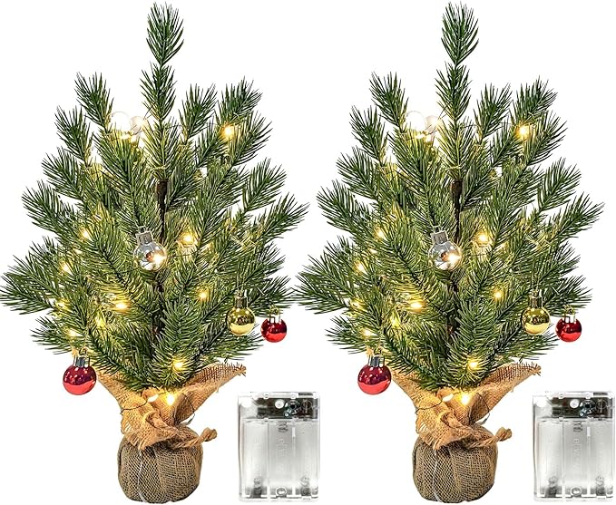 LACHARM 2 Pack 16 Inch Mini Christmas Tree, Tabletop Christmas Tree with Battery Operated Copper Lights and Hanging Ornaments, Small Xmas Tree for Home, Office, Kitchen Table Christmas Decoration