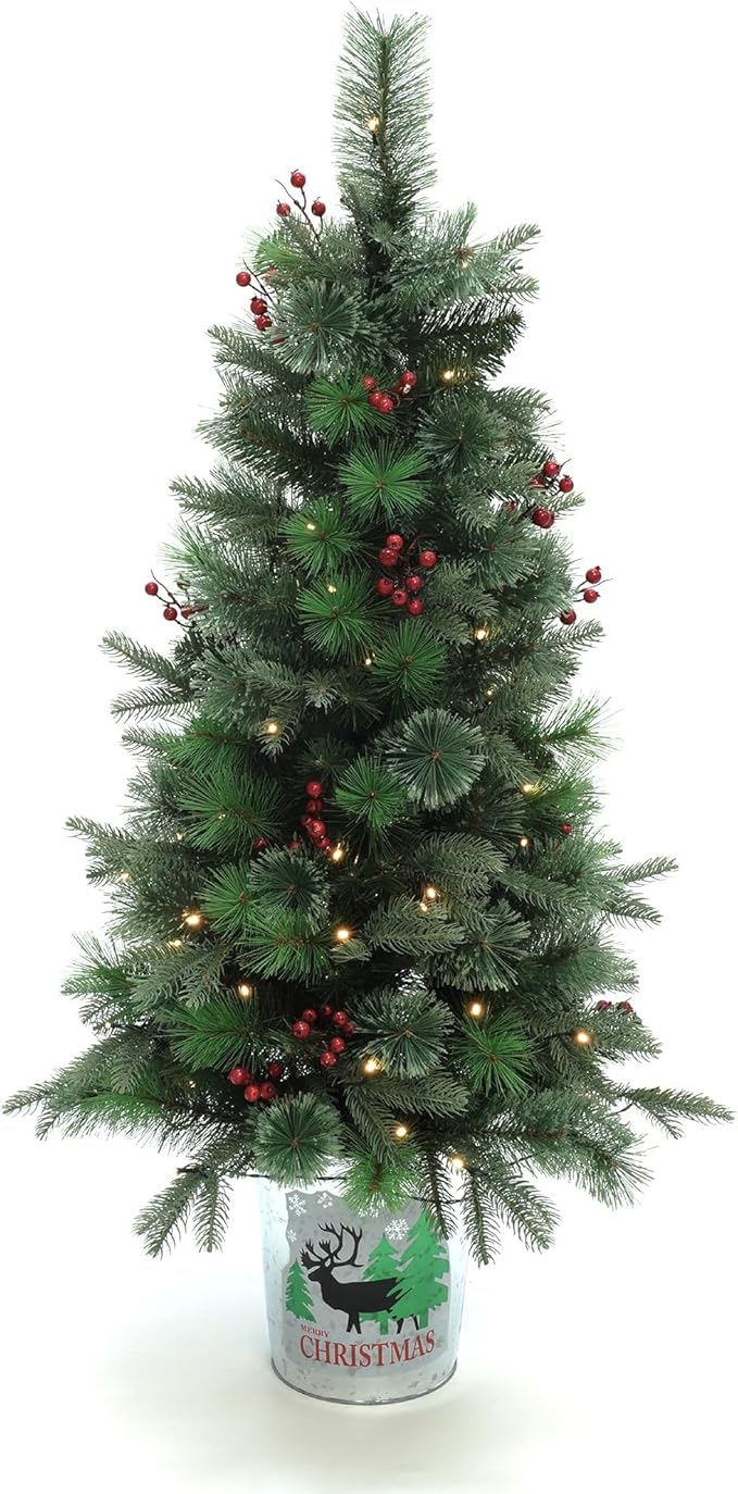 LuxenHome 4FT Small Christmas Tree, Battery Operated Potted Christmas Trees with 70 Warm White LED Lights, Slim Xmas Tree with Red Berries and Metal Pot for Entryway, Livingroom Holiday Display