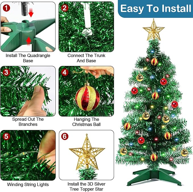 3 Ft Green Christmas Tree with 12 Modes Timer 50 LED Four Color & Lights DIY 15 Ball Ornaments 3D Star Artificial Xmas Tree for Indoor Home Holiday Party Decoration