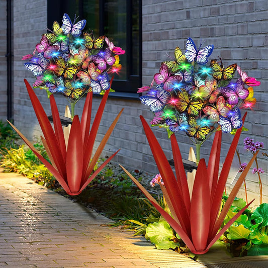 Homight Solar Metal Agave Butterfly Flower Stick Garden Sculpture - Outdoor Christmas Lights, Swaying Solar Lights Gift (2 PCS RED)
