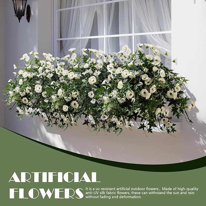 Artificial Flowers Artificial Petunias for Outdoors 2PCS Artificial Hanging Plants Outdoors Silk Flowers with Stems Outdoor Flowers Uv Resistant for Porch DecorTerrace Decor（White）Without Pot